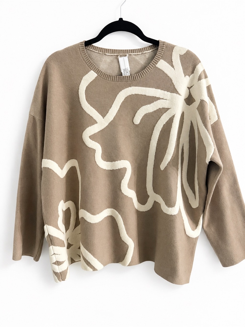 Wynne Layers Beige Taupe Cream Floral Abstract Oversized Pullover Knit Sweater L